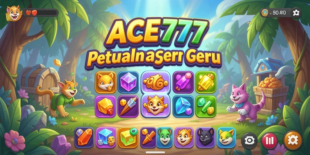 Tampilan gameplay ACE777 dengan elemen Match-3 yang cerah dan menarik.