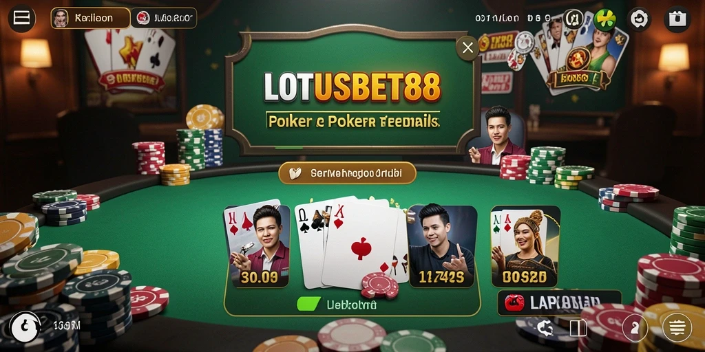 Screenshot utama LOTUSBET88 menampilkan gameplay Poker yang seru dan menegangkan.