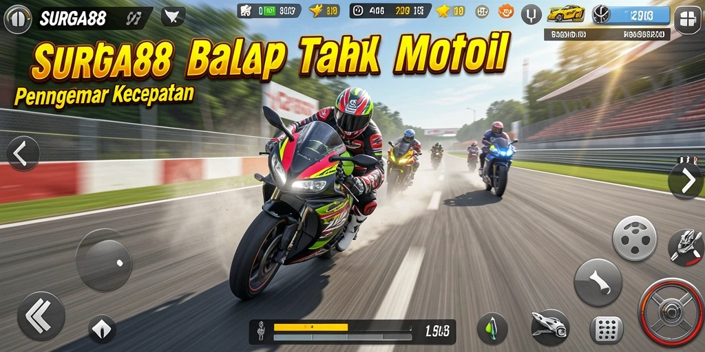 Tampilan gameplay seru dalam balapan motor yang mendebarkan.